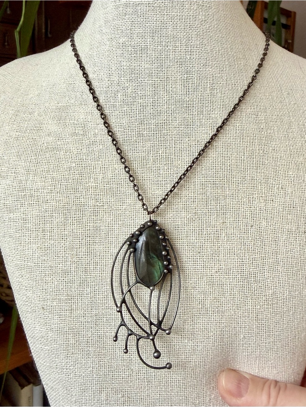 Abstract Oxidized Silver and Labradorite Pendant